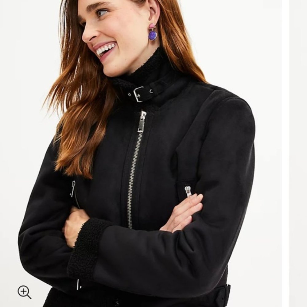 LOFT Faux Suede Aviator Jacket Size in Black and Silver